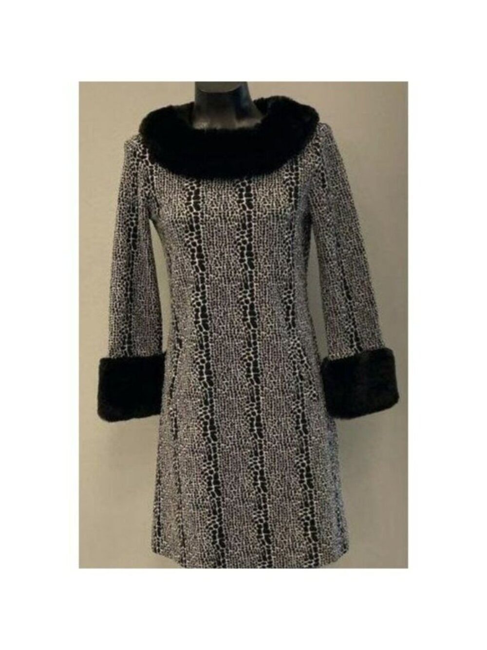 Tyler Boe Snakeskin Print Tunic Dress Womens Xs Black White Faux Fur Trim Cute!